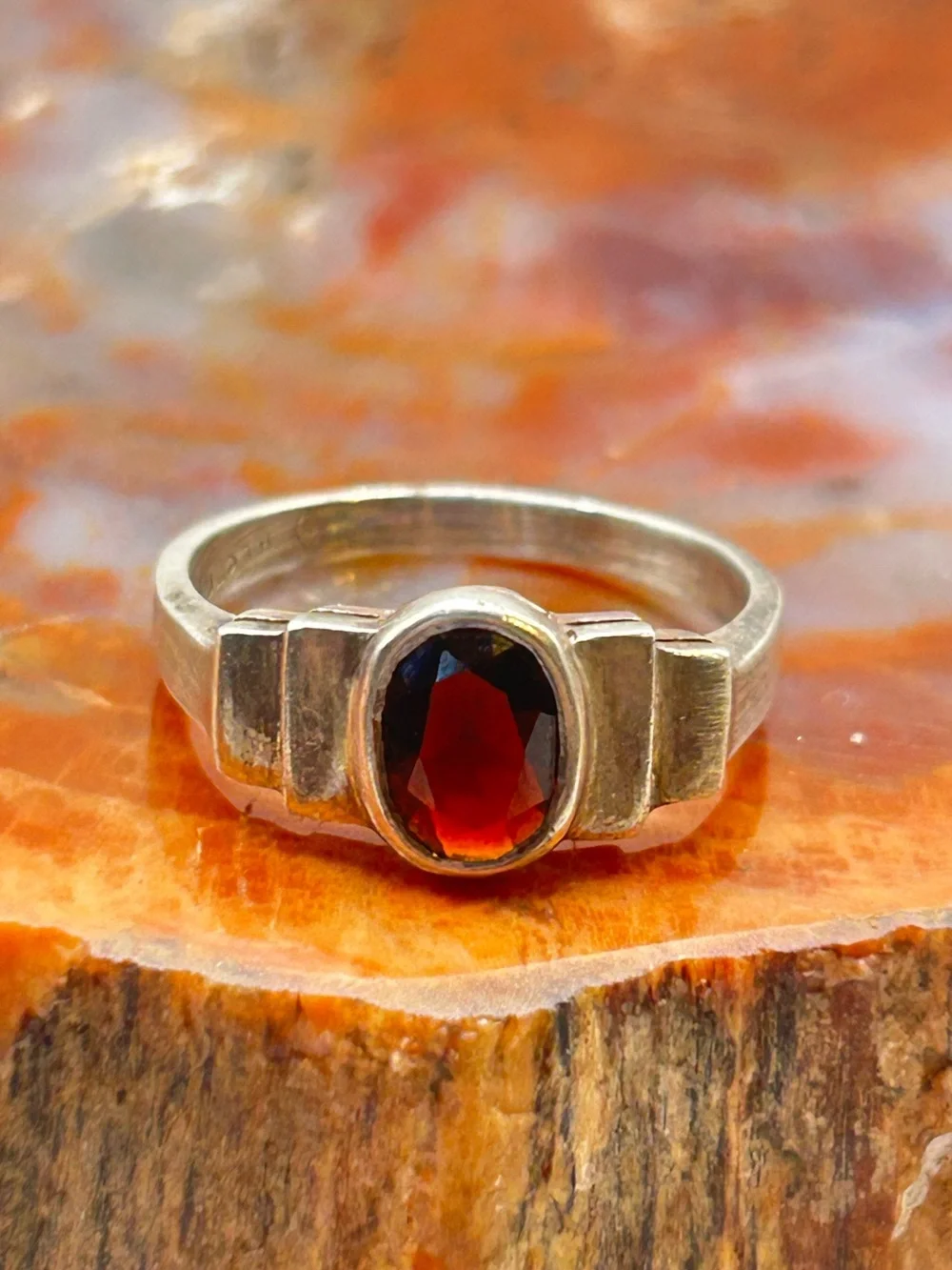 Minimalist Art Deco Style Garnet Ring, Sterling Silver - Size 8
